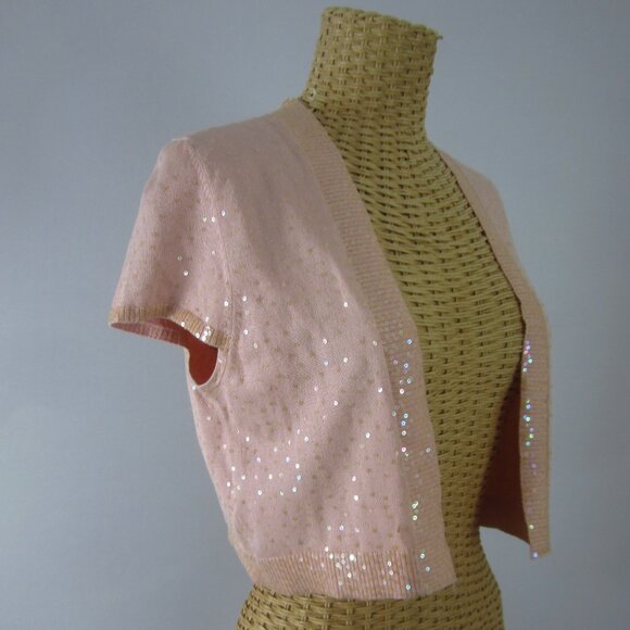 New bcbg maxazria Womens M Pastel Peach Pink Silk Sequined Cap Sleeve Shrug - Picture 2 of 9